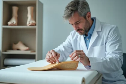 Podologue en cabinet examinant une semelle orthopédique pour pied plat posée sur une table d'examen clinique