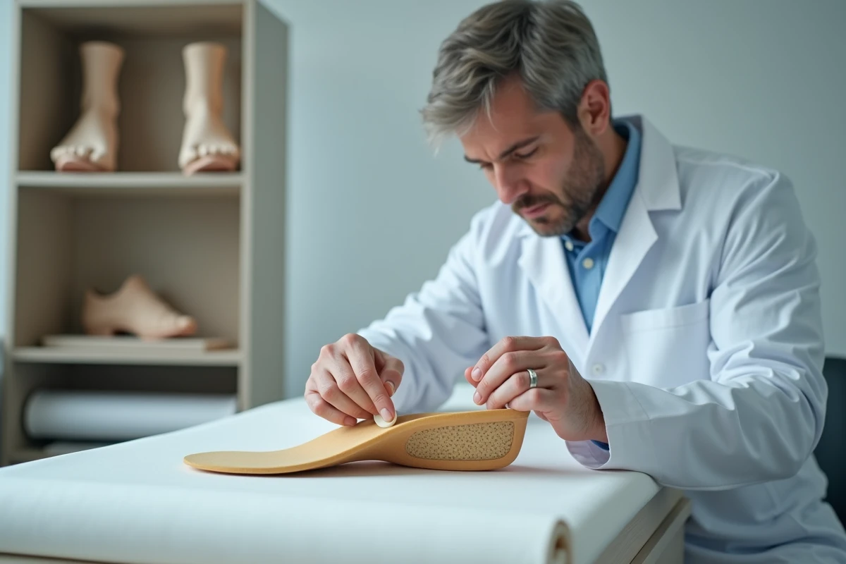 Podologue en cabinet examinant une semelle orthopédique pour pied plat posée sur une table d'examen clinique