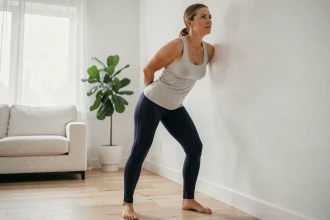 Femme en position debout dos au mur pour soulager la sciatique, alignement du bassin et des genoux correctement maintenu