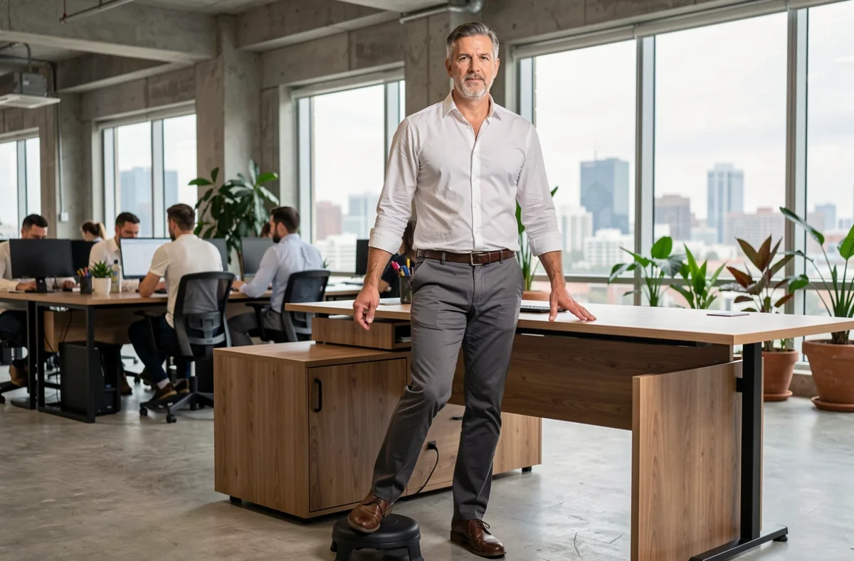 Homme debout à un bureau ergonomique adoptant une posture correcte pour réduire la douleur sciatique au travail