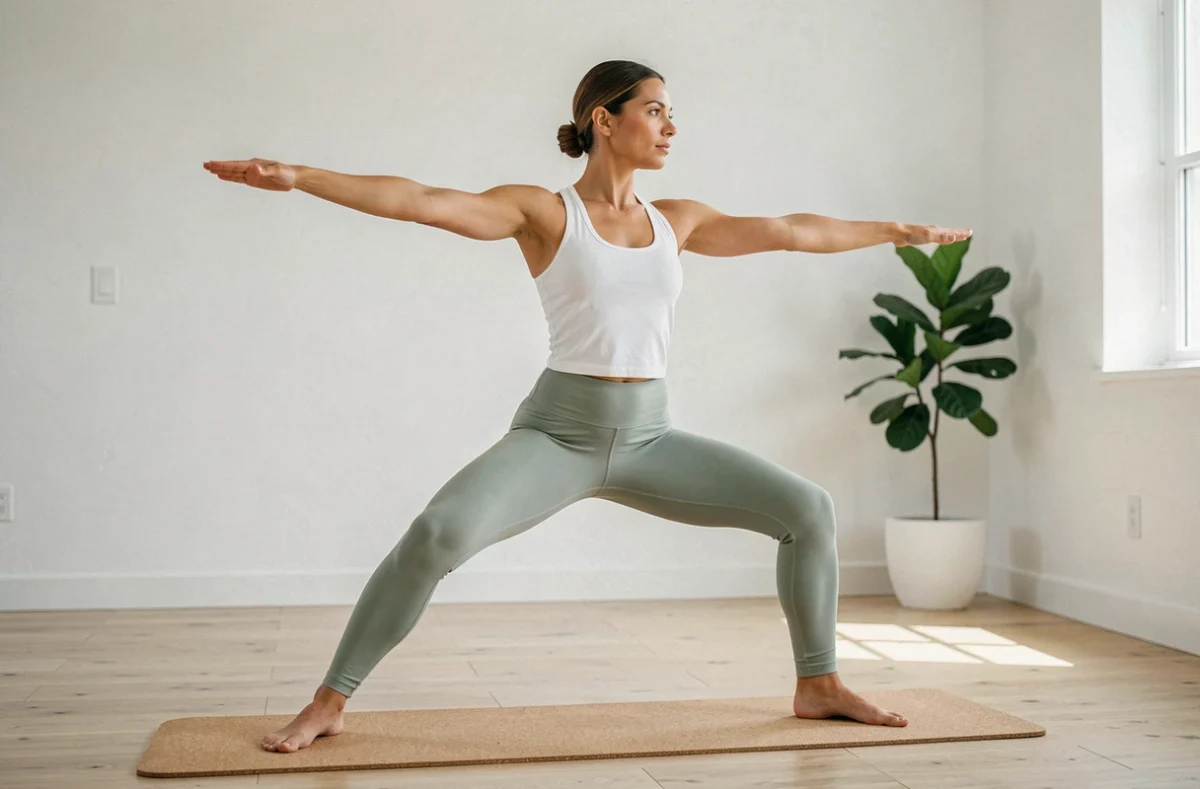 Femme en posture du Guerrier II sur tapis de yoga en liège dans un salon minimaliste, guide des postures yoga en français