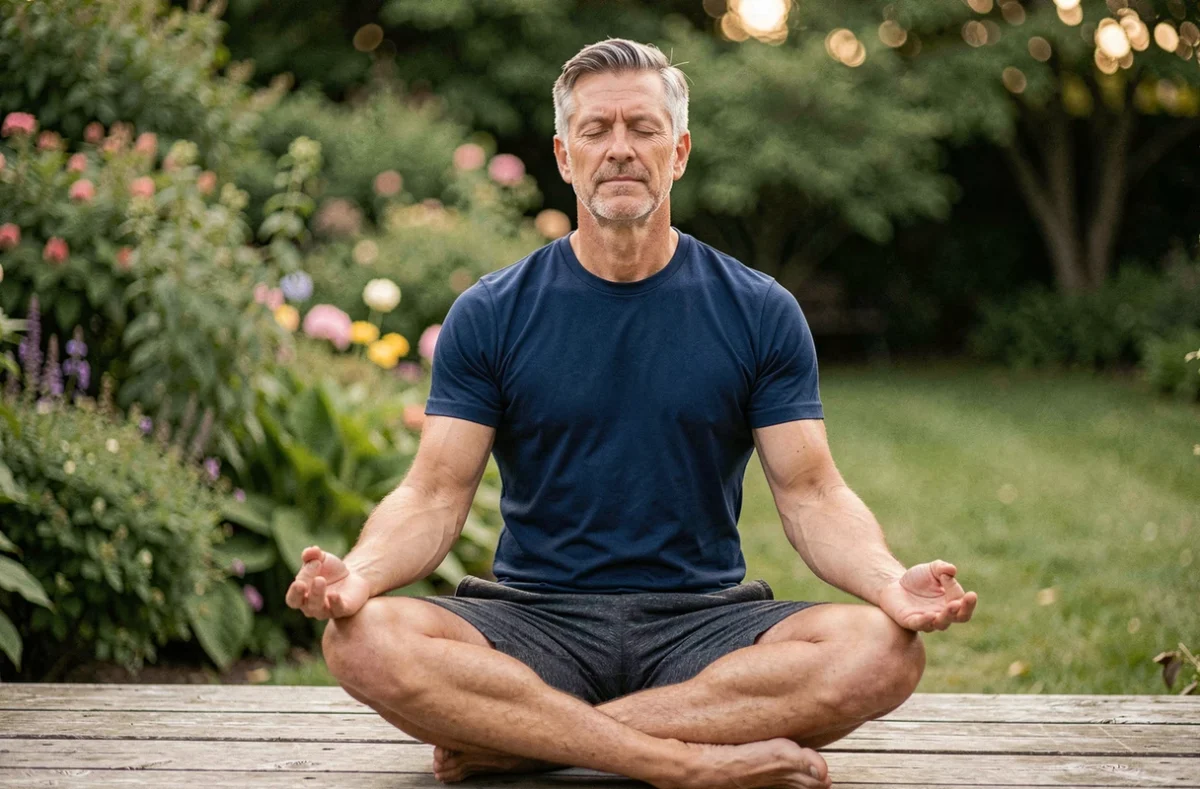 Homme assis en posture du Lotus sur terrasse en bois entourée de verdure, tableau des postures yoga guide visuel