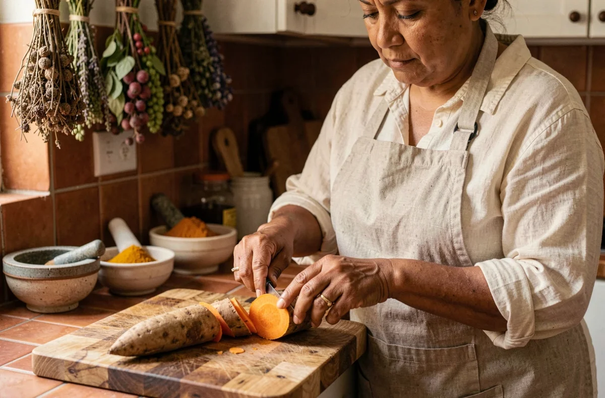 Femme préparant une igname fraîche dans une cuisine rustique, mettant en valeur les bienfaits culinaires et anti-inflammatoires du légume