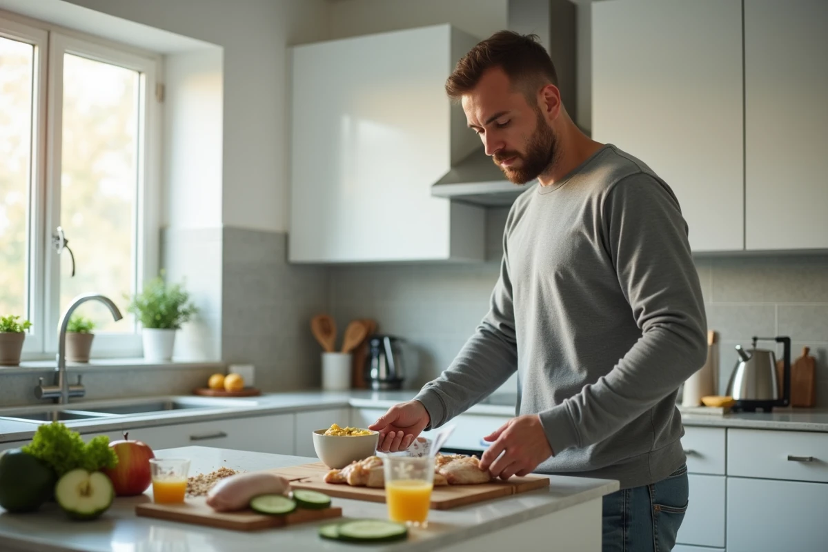 Homme en télétravail préparant un repas adapté au régime coloscopie dans sa cuisine moderne
