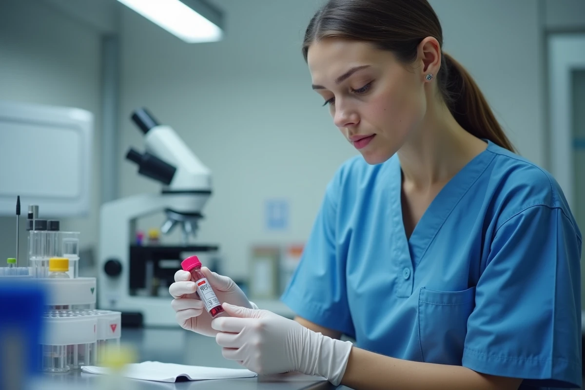 Infirmière préparant une prise de sang en laboratoire médical pour analyse hormonale