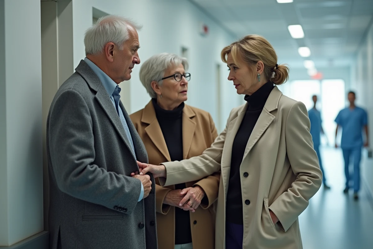 Proches réunis dans un couloir d'hôpital moderne exprimant soutien et inquiétude, illustrant l'entourage d'une personnalité publique malade