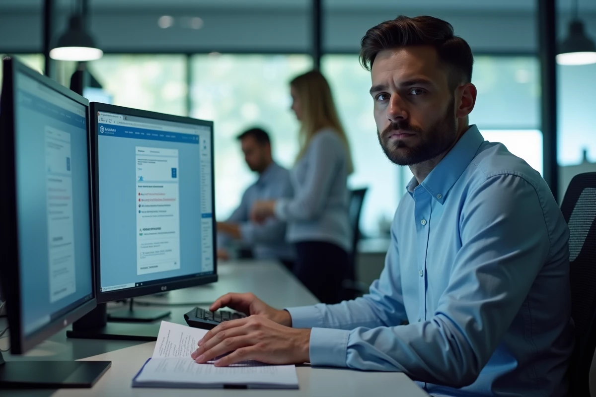 Professionnel de santé face à une erreur de connexion sur le portail netsoins dans un bureau médical