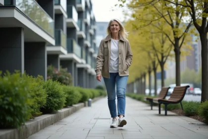 Femme décontractée marchant dans une rue urbaine au printemps