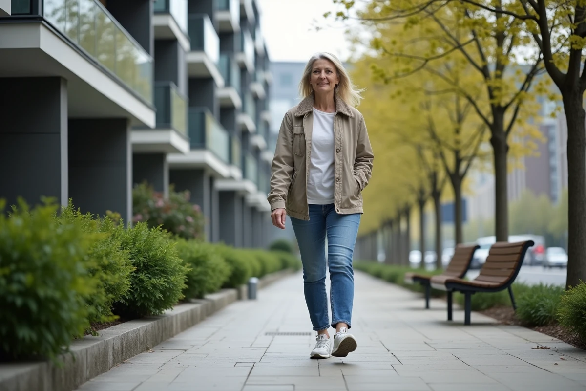 Femme décontractée marchant dans une rue urbaine au printemps