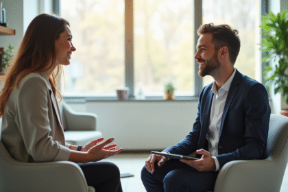 Psychologue et jeune adulte en discussion dans un bureau lumineux
