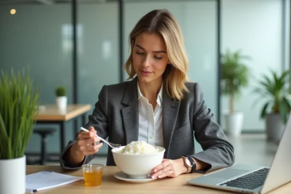 Femme professionnelle mangeant un repas de régime coloscopie au bureau pendant sa pause déjeuner