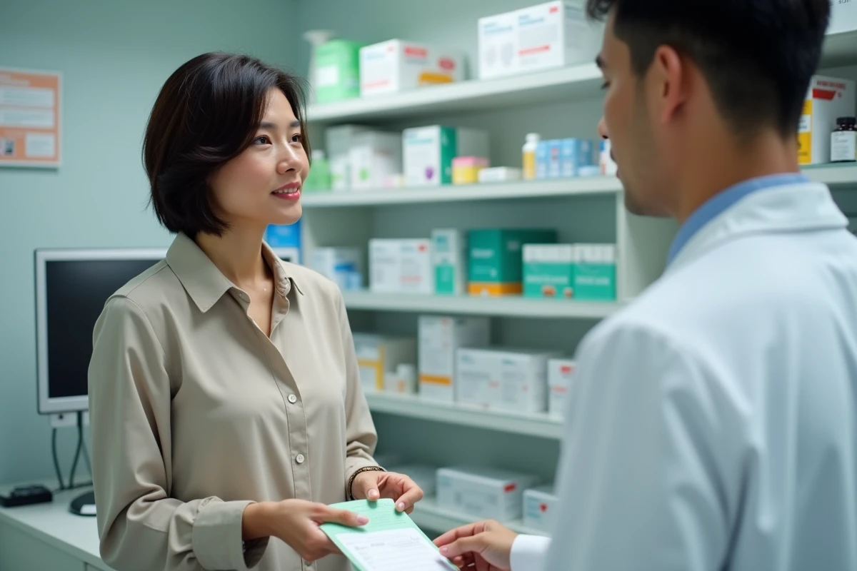 Femme remettant une ordonnance à un pharmacien dans le cadre d'une prise en charge médicale à 100% pour une ALD