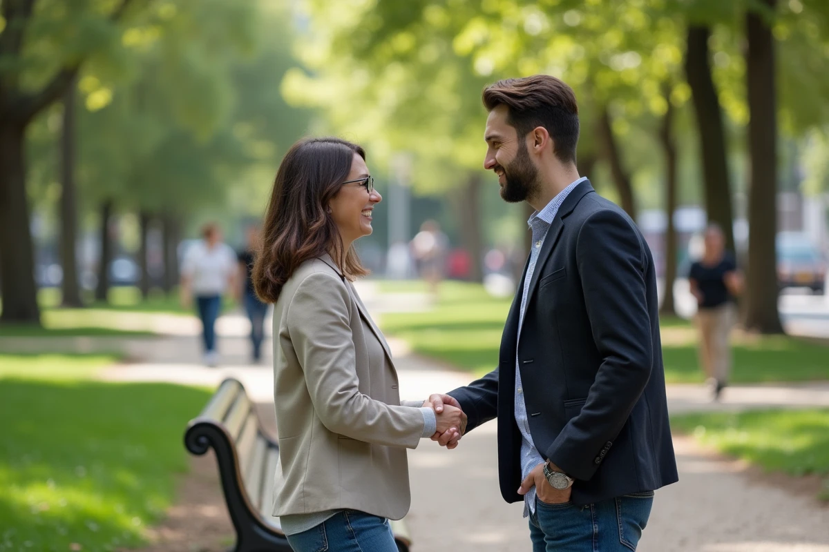 Homme et femme se serrant la main dans un parc urbain