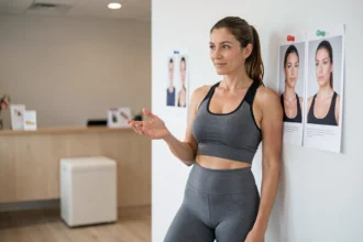 Femme montrant des résultats avant-après du système Indiva dans un studio de bien-être moderne