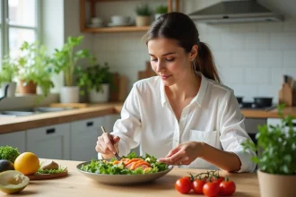 Jeune femme en cuisine assemble une salade antiinflammatoire