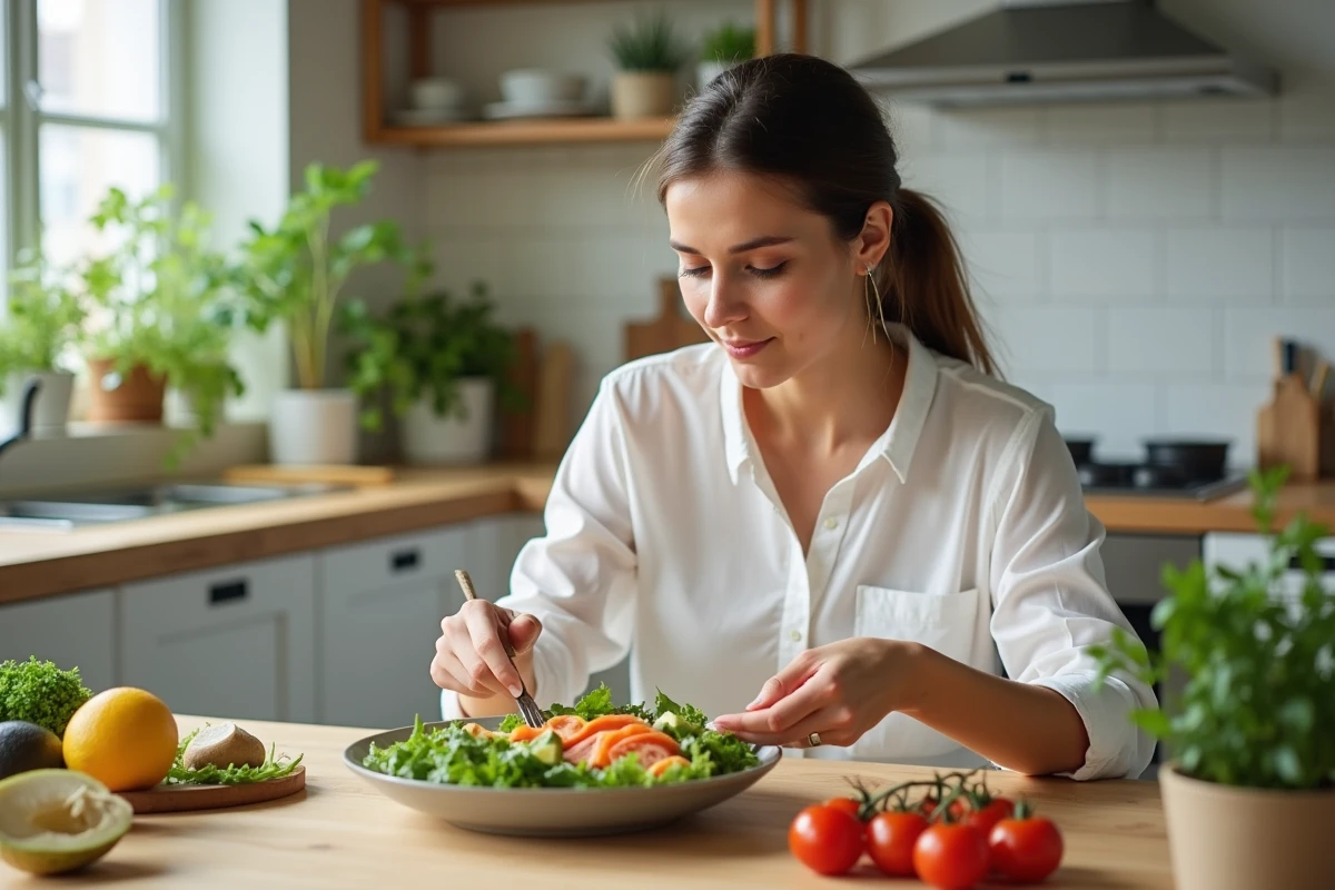 Jeune femme en cuisine assemble une salade antiinflammatoire