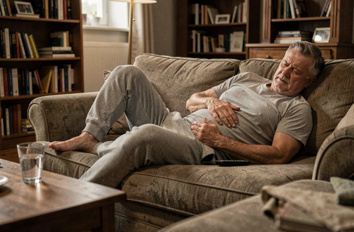 Homme sédentaire allongé sur un canapé souffrant de constipation et d'inconfort abdominal