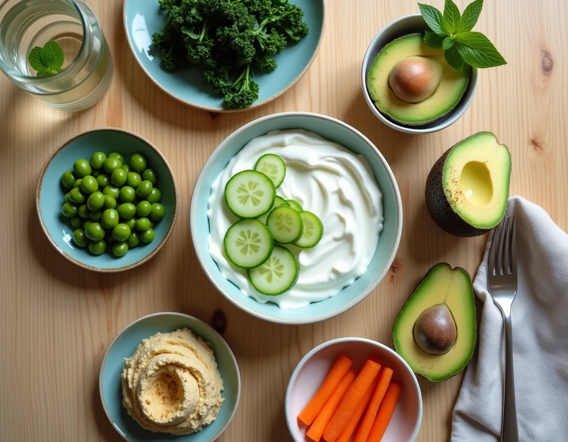 Vue de dessus d'une sélection d'aliments peu caloriques et rassasiants sur une table en bois naturel