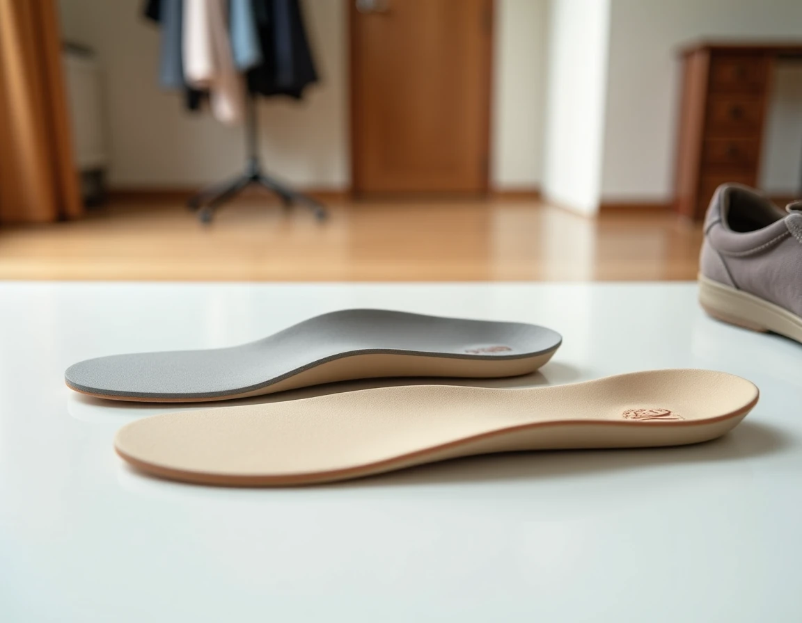 Semelles ergonomiques Akusoli posées à plat à côté de chaussures de marche usagées sur fond neutre
