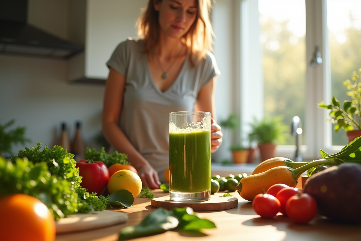 Femme saine préparant un smoothie aux légumes frais dans une cuisine lumineuse