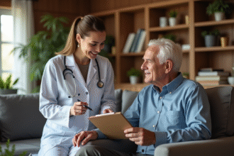 Professionnelle de santé aidant un senior à domicile