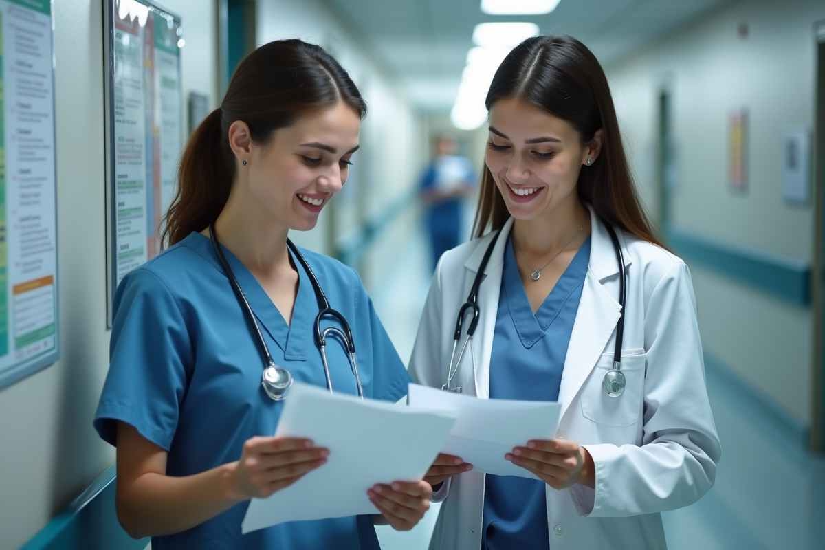 Deux soignantes discutant dans un couloir d