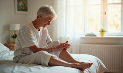 Femme âgée appliquant crème sur ses pieds dans une chambre lumineuse