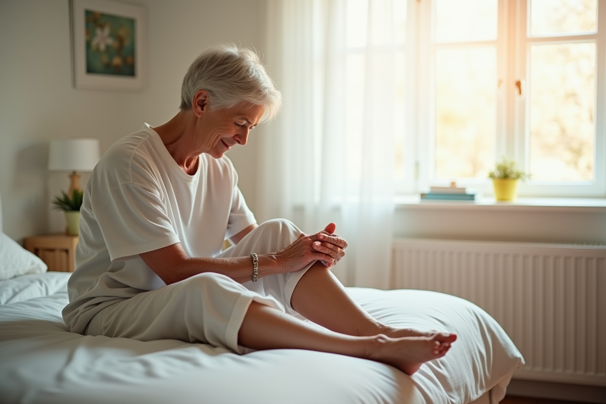Femme âgée appliquant crème sur ses pieds dans une chambre lumineuse