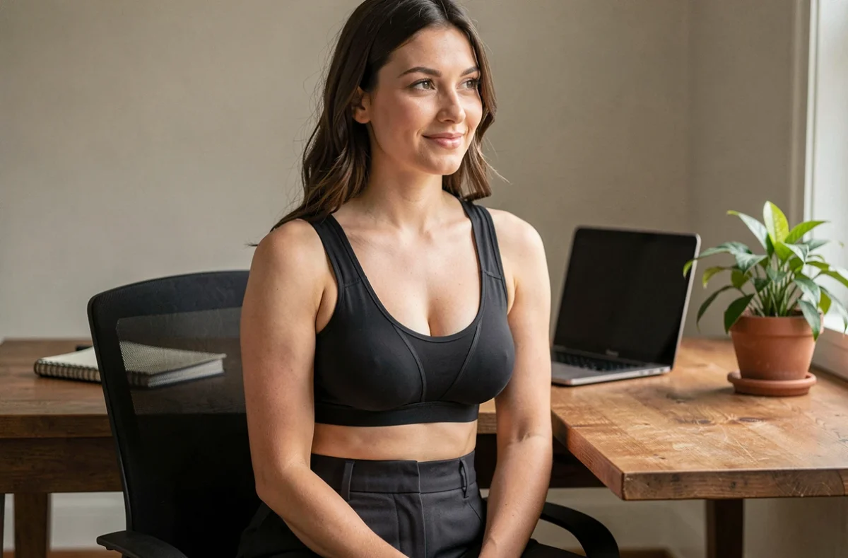 Femme assise au bureau portant un soutien-gorge de maintien Percko noir dans un espace de travail à domicile