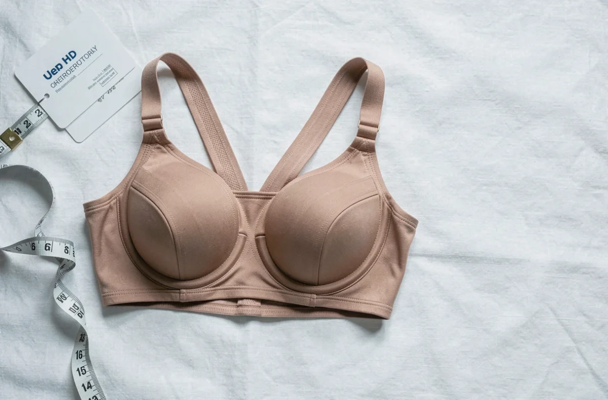 Vue détaillée en flat lay d'un soutien-gorge Percko beige avec bandes élastiques de maintien posé sur du lin blanc