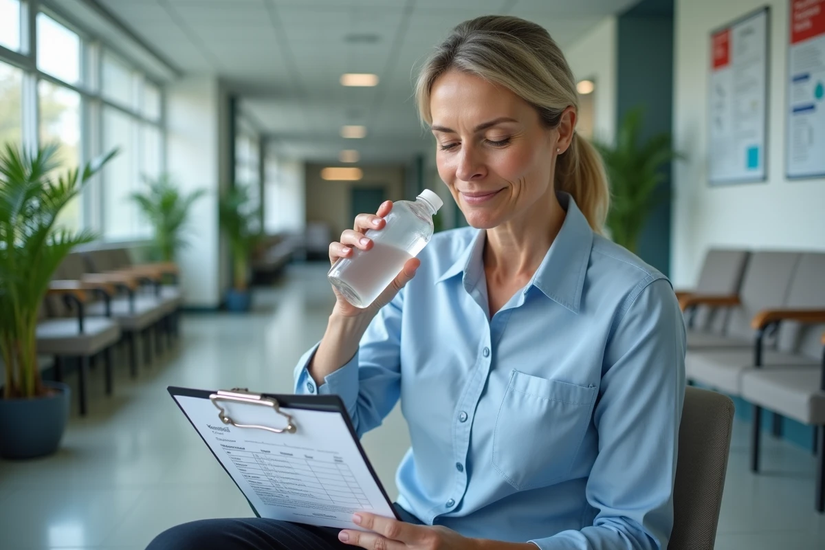 Femme active consultant son programme de préparation coloscopie dans une salle d'attente médicale