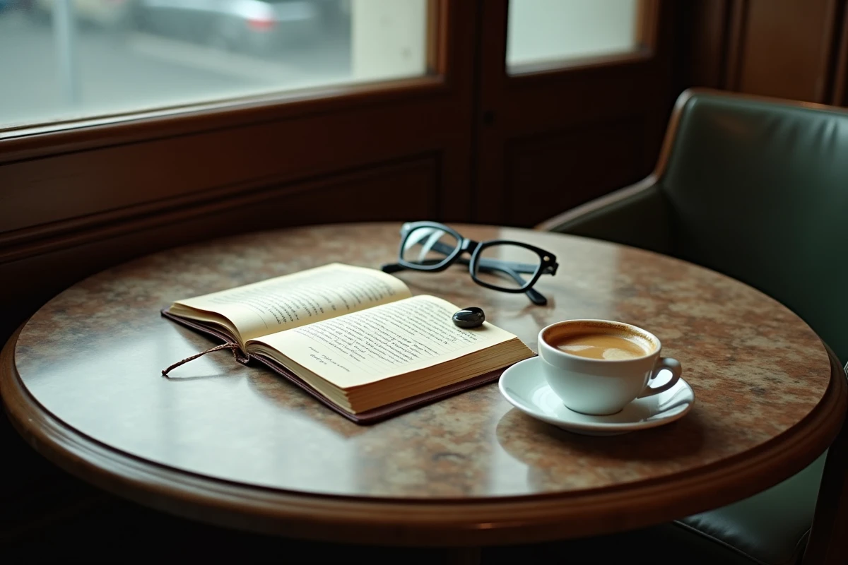 Table de café parisien désertée avec carnet et lunettes, évoquant l'absence et la réflexion autour de la santé d'une figure publique