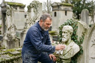 Photographie d’un tailleur de pierre parisien en uniforme polissant une pierre tombale