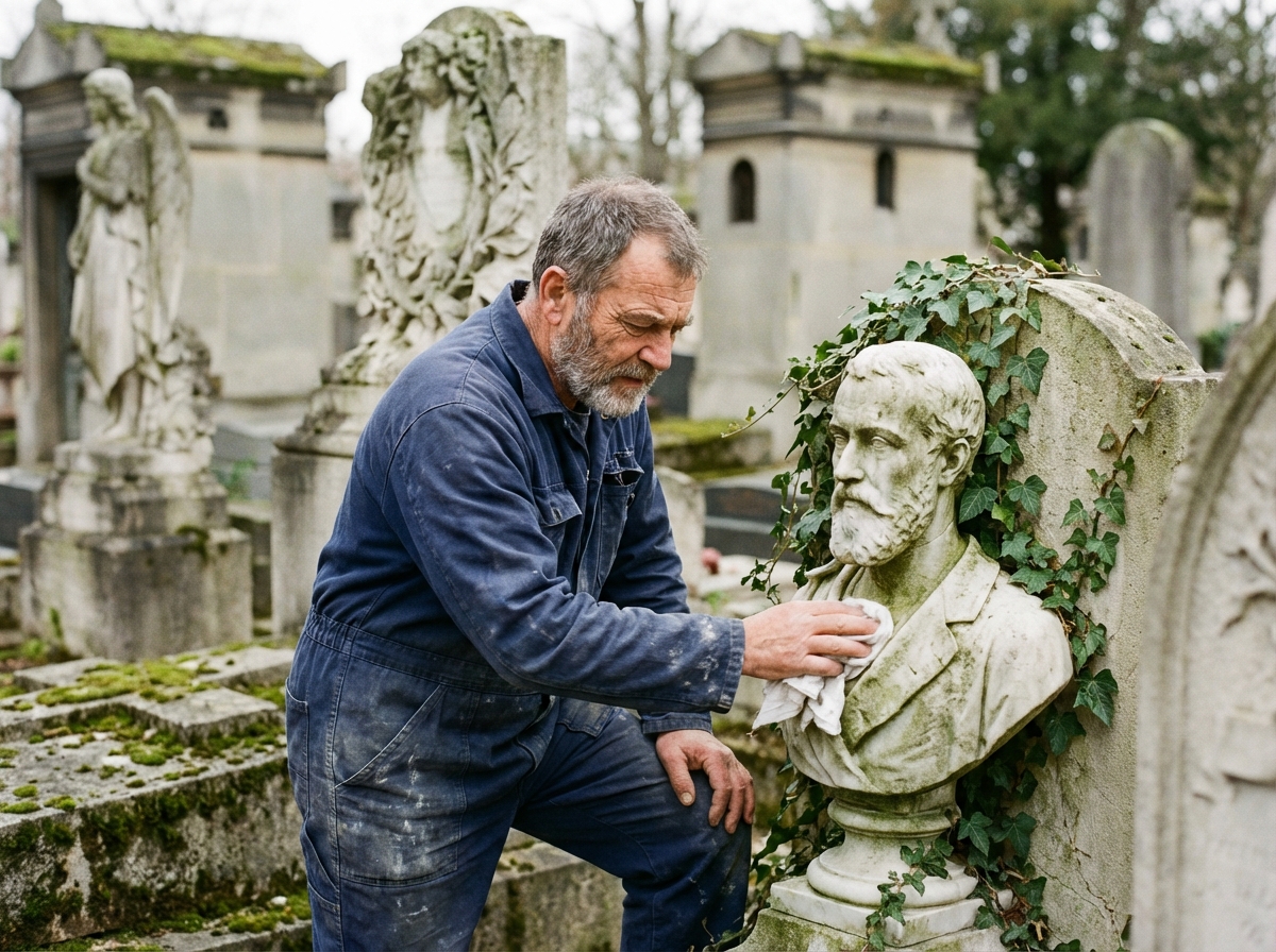 Photographie d’un tailleur de pierre parisien en uniforme polissant une pierre tombale