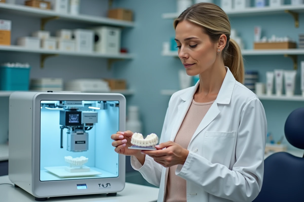 Technicienne dentaire examinant une prothèse imprimée en 3D dans un laboratoire