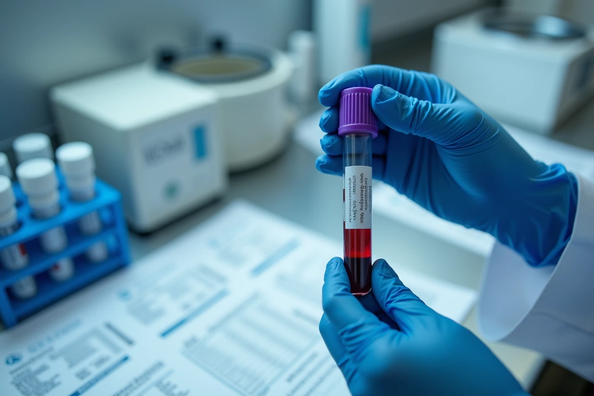 Technicien de laboratoire tenant un tube de sang pour analyse des leucocytes en laboratoire médical