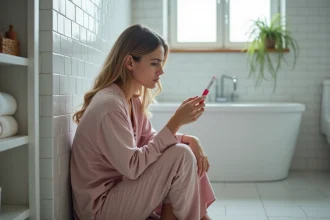 Femme tenant un test de grossesse négatif dans une salle de bain, expression incertaine et pensive