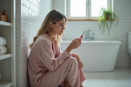 Femme tenant un test de grossesse négatif dans une salle de bain, expression incertaine et pensive