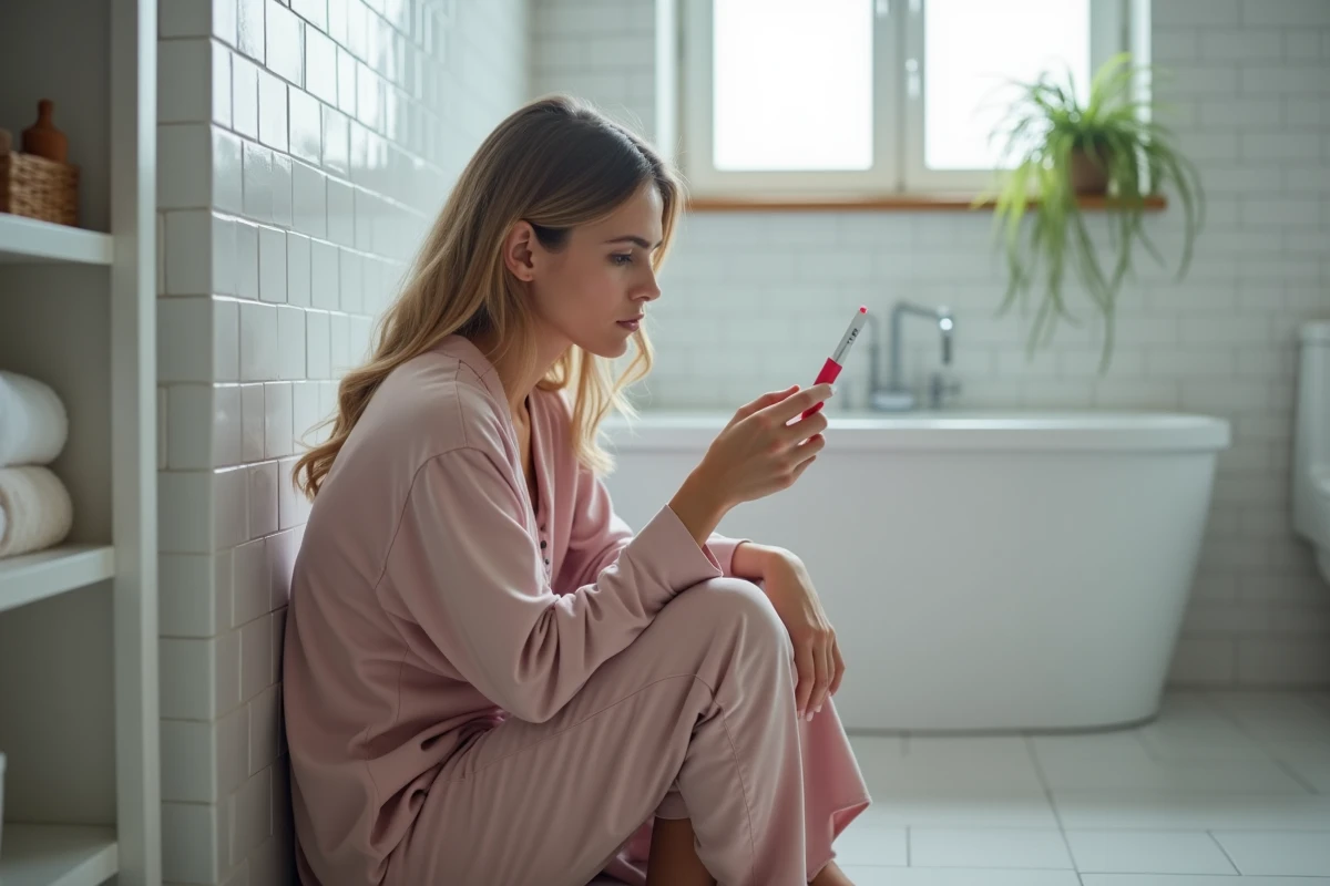 Femme tenant un test de grossesse négatif dans une salle de bain, expression incertaine et pensive