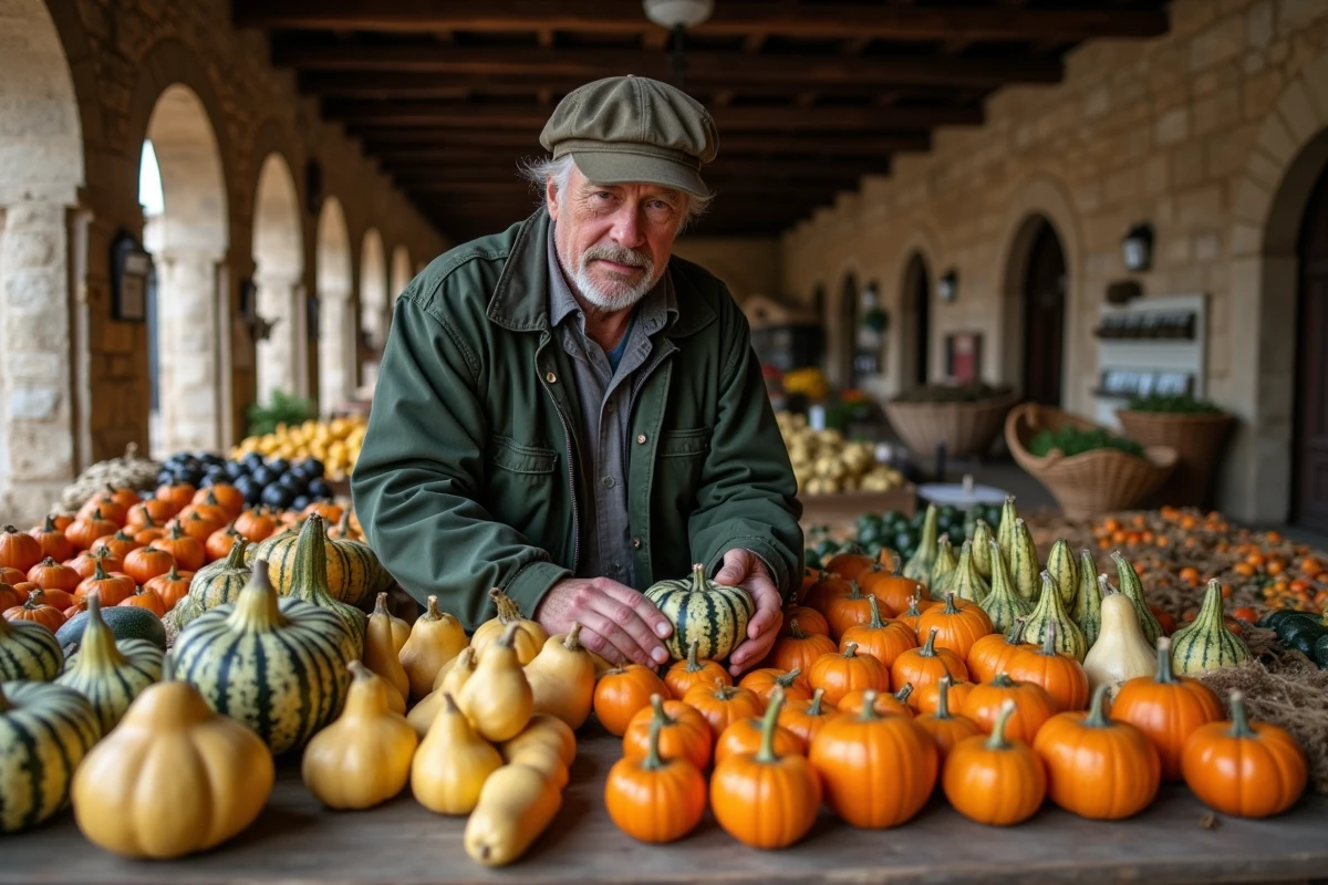Vendeur de marché couvert arrangeant des coloquintes ornementales toxiques sur un étal en bois, ambiance marché traditionnel