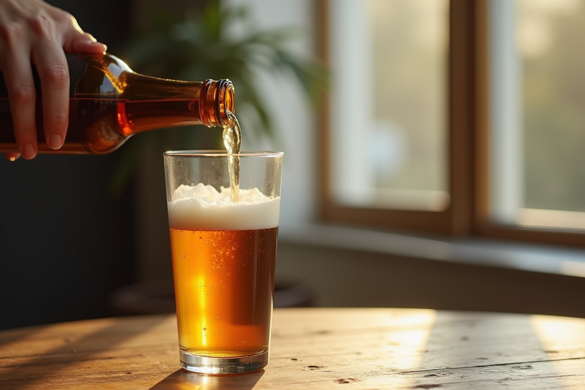 Main versant une biere sans gluten dans un verre sur table en bois