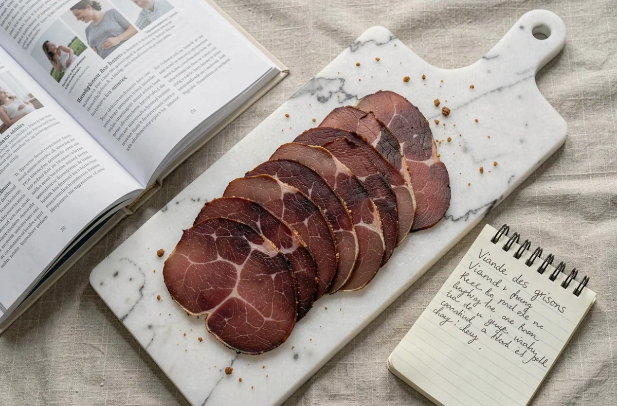Tranches de viande des grisons sur une planche en marbre avec un guide de grossesse ouvert, illustrant les précautions alimentaires contre la listériose