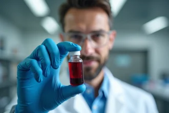 Professionnel de santé tenant un flacon de sang en laboratoire médical, illustrant le volume sanguin selon le poids corporel