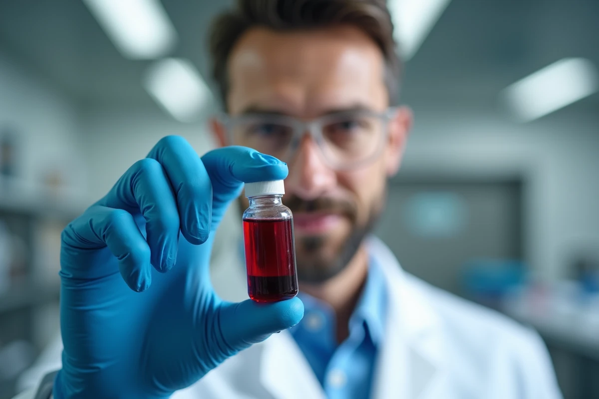 Professionnel de santé tenant un flacon de sang en laboratoire médical, illustrant le volume sanguin selon le poids corporel